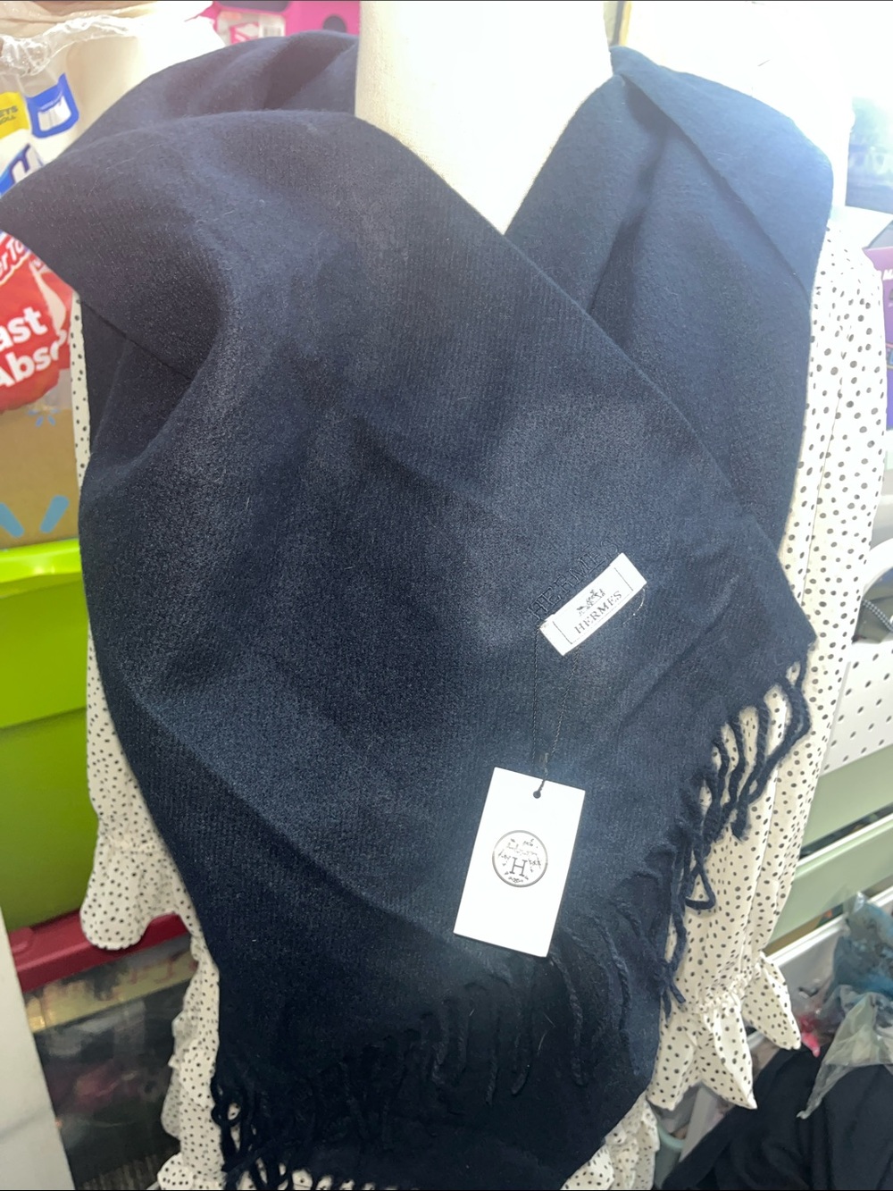Hermes cashmere fringed scarf with Tag Black Fringed Scarf embroidered logo